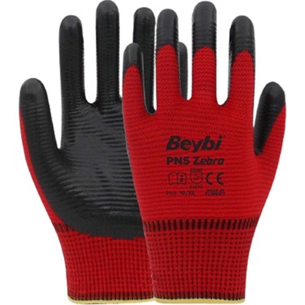 Beybi Poly.Astarlı Nitril Eldiven Pn5 Zebra Kırmızı(12 ÇİFT)